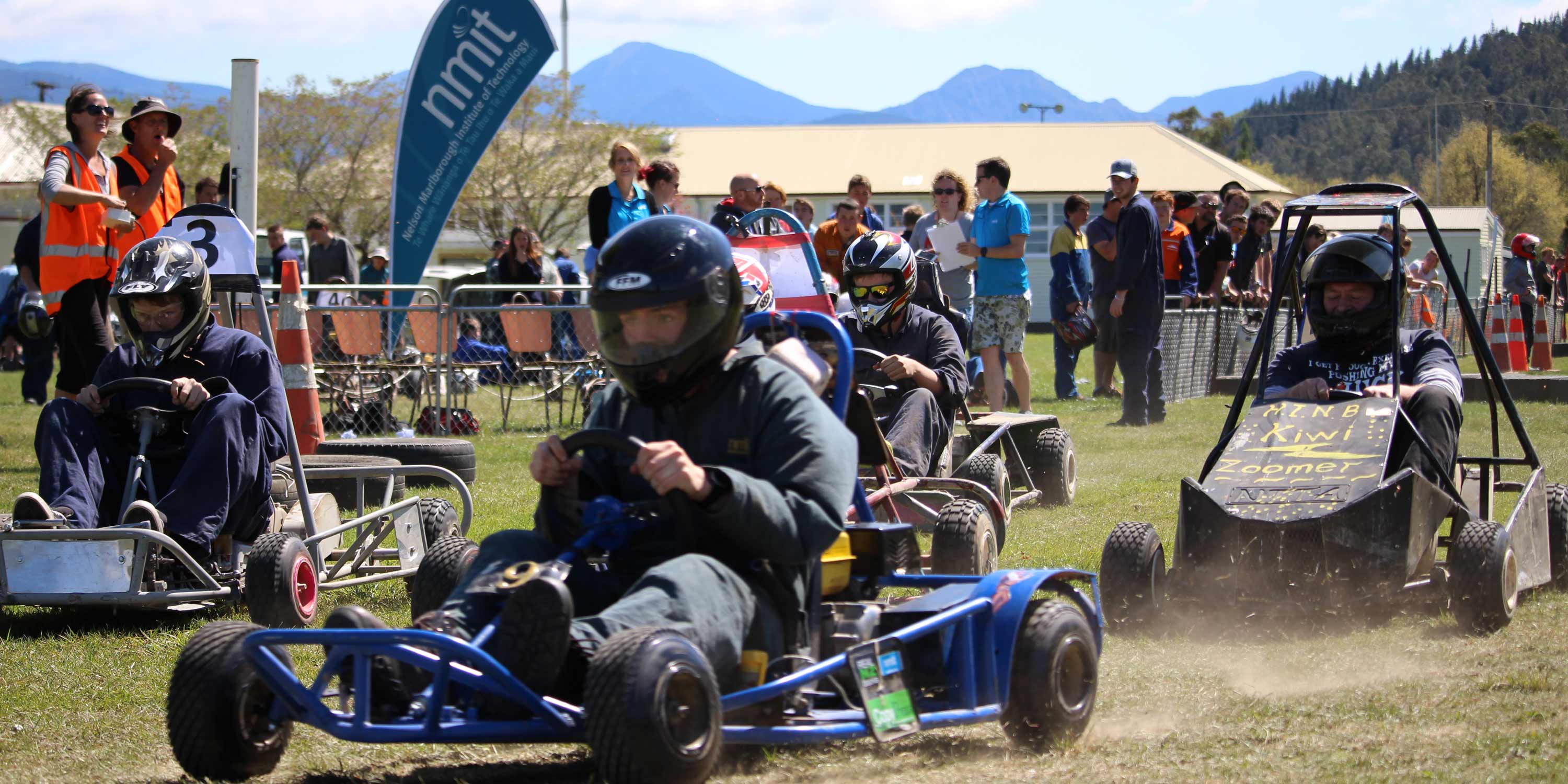 patrick oregan with richard cropp right jackson vickery left and brad frost behind nmit grass karts 2015